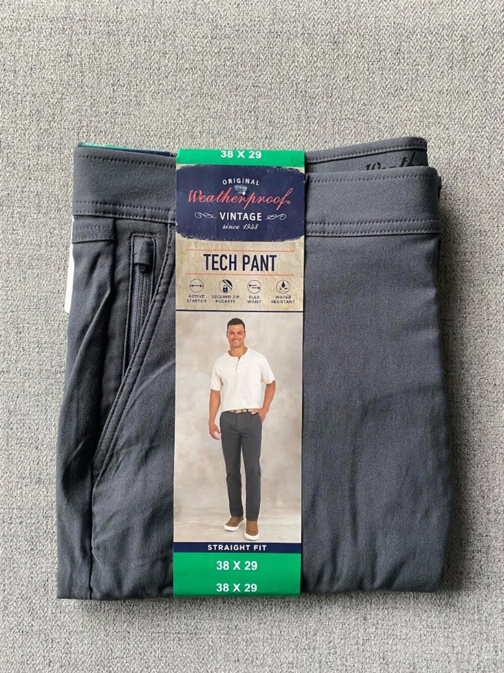NWT Men’s Original Weatherproof Vintage Straight Fit Tech Pants, Gray, 38x29